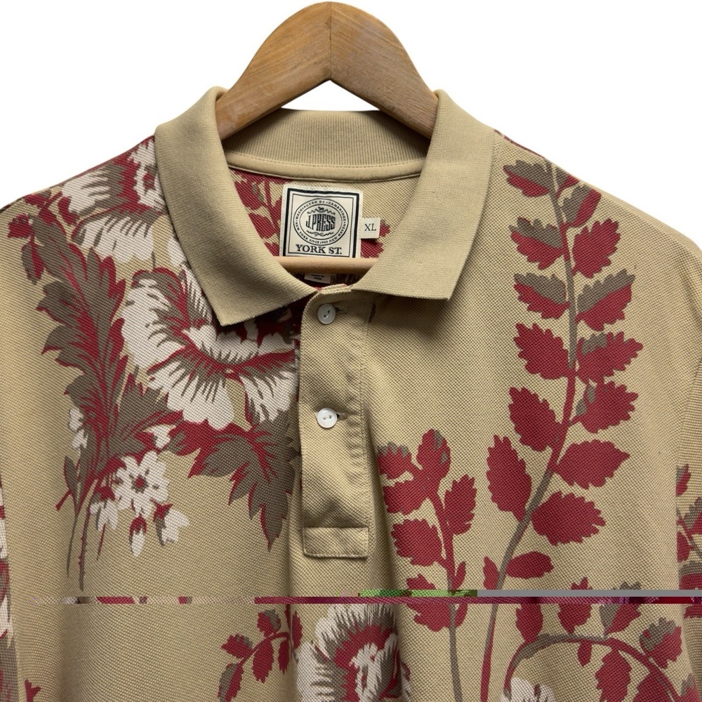 J. Press Mens Size XL Khaki/Red Floral Pique Cotton Knit S/S Polo Shirt Peru euc